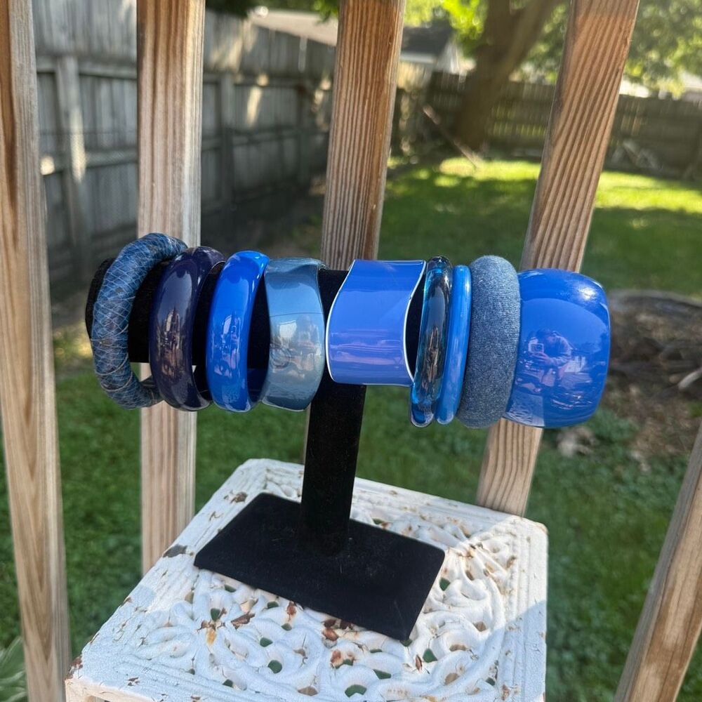 Vintage Blue Bangle Bracelet Lot Chunky Lucite Acrylic Stack